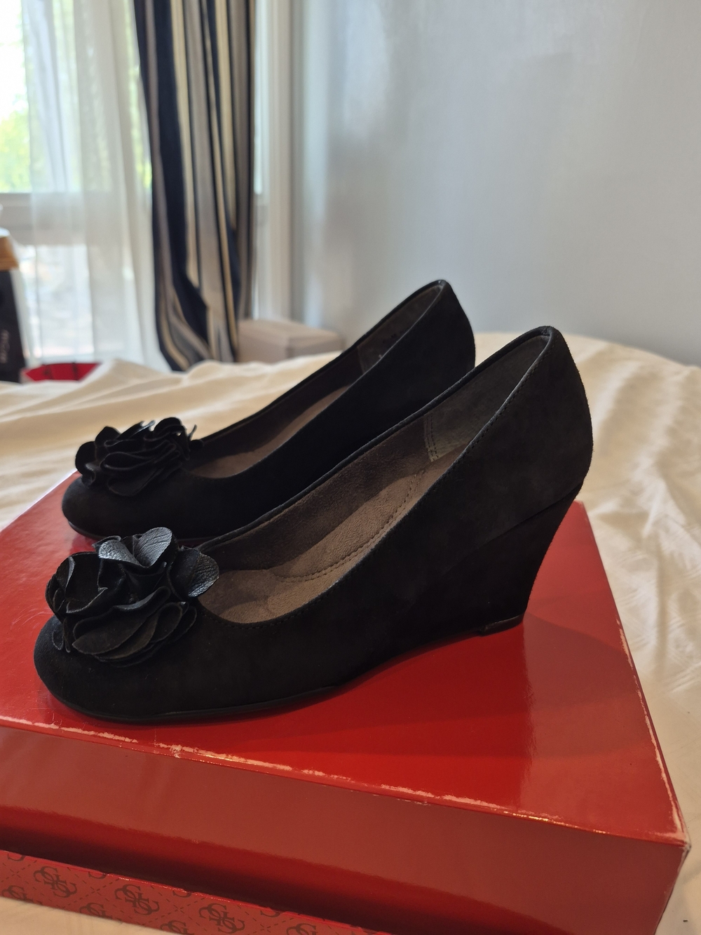 AEROSOLES Black Suede Wedge Pumps with Floral Trim
